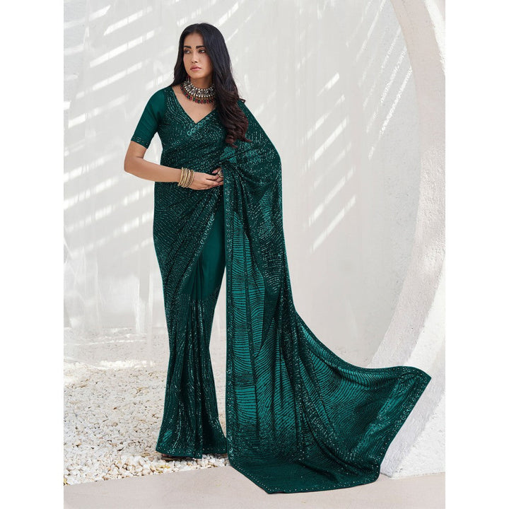 Odette Teal Georgette Embellished Saree with Unstitched Blouse