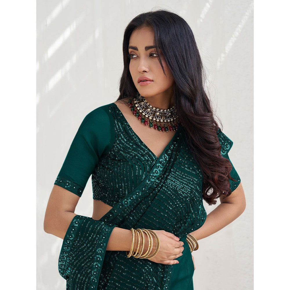 Odette Teal Georgette Embellished Saree with Unstitched Blouse