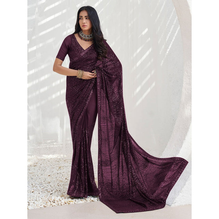 Odette Wine Georgette Embellished Saree with Unstitched Blouse