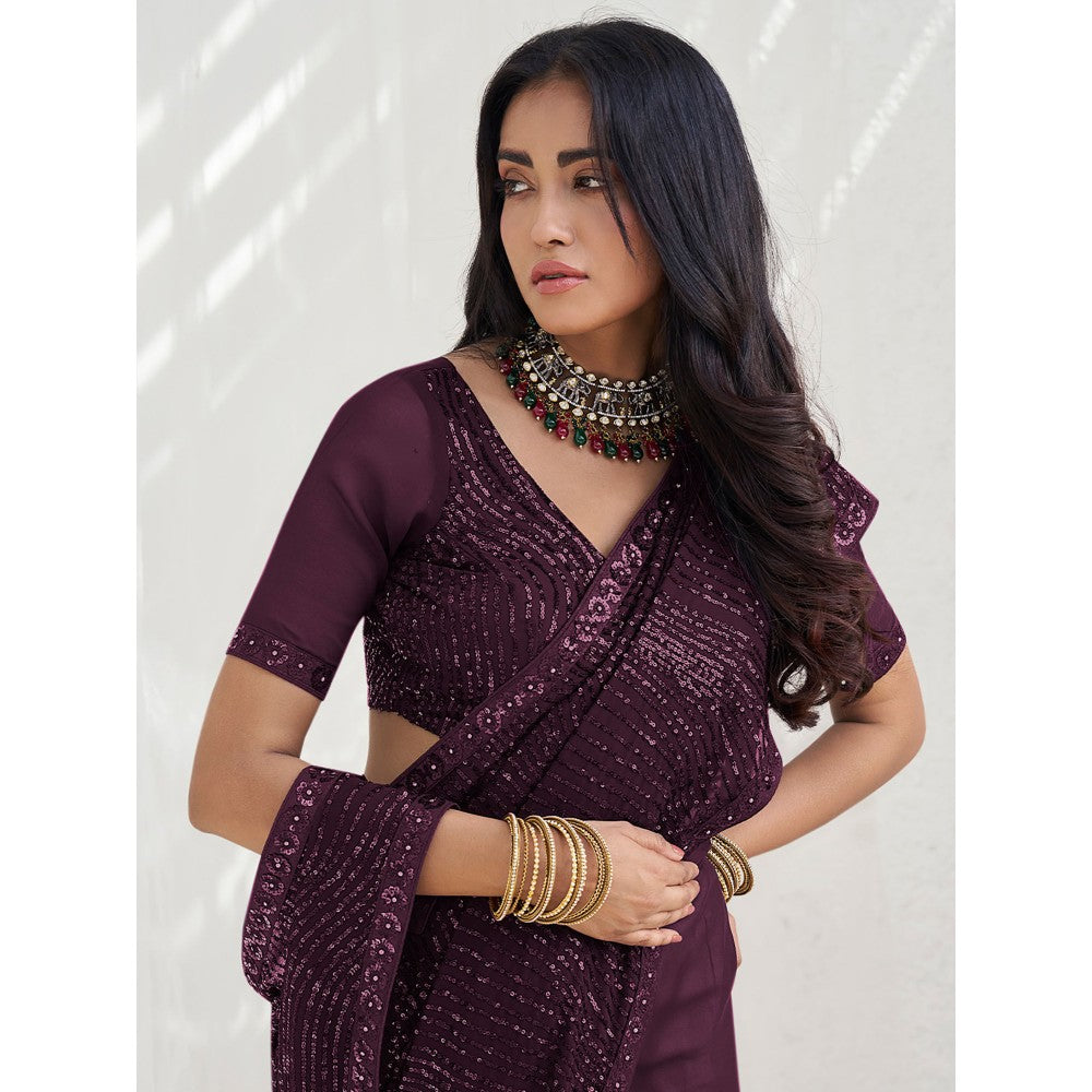 Odette Wine Georgette Embellished Saree with Unstitched Blouse