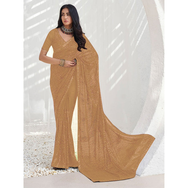 Odette Beige Georgette Embellished Saree with Unstitched Blouse