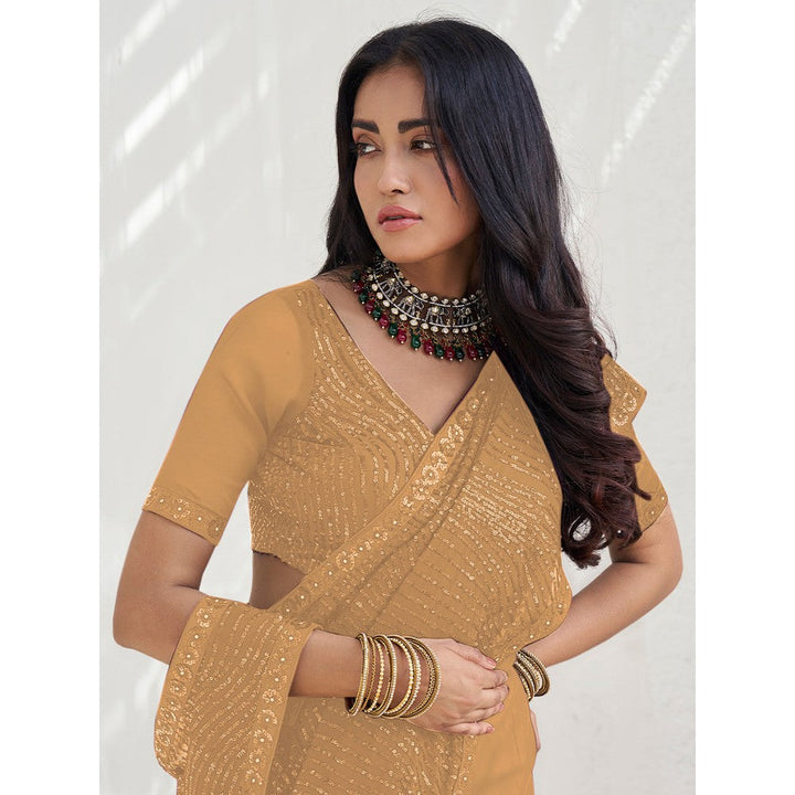 Odette Beige Georgette Embellished Saree with Unstitched Blouse