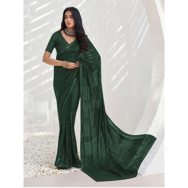 Odette Green Georgette Embellished Saree with Unstitched Blouse