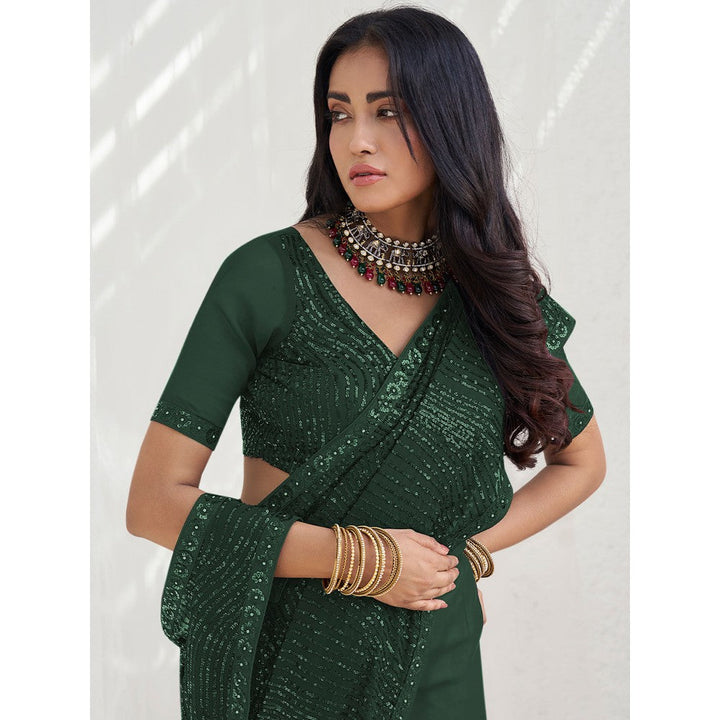 Odette Green Georgette Embellished Saree with Unstitched Blouse