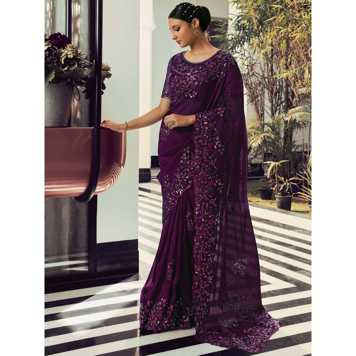 Odette Purple Organza Embroidered Saree with Unstitched Blouse