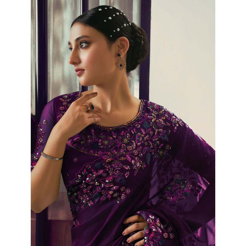 Odette Purple Organza Embroidered Saree with Unstitched Blouse