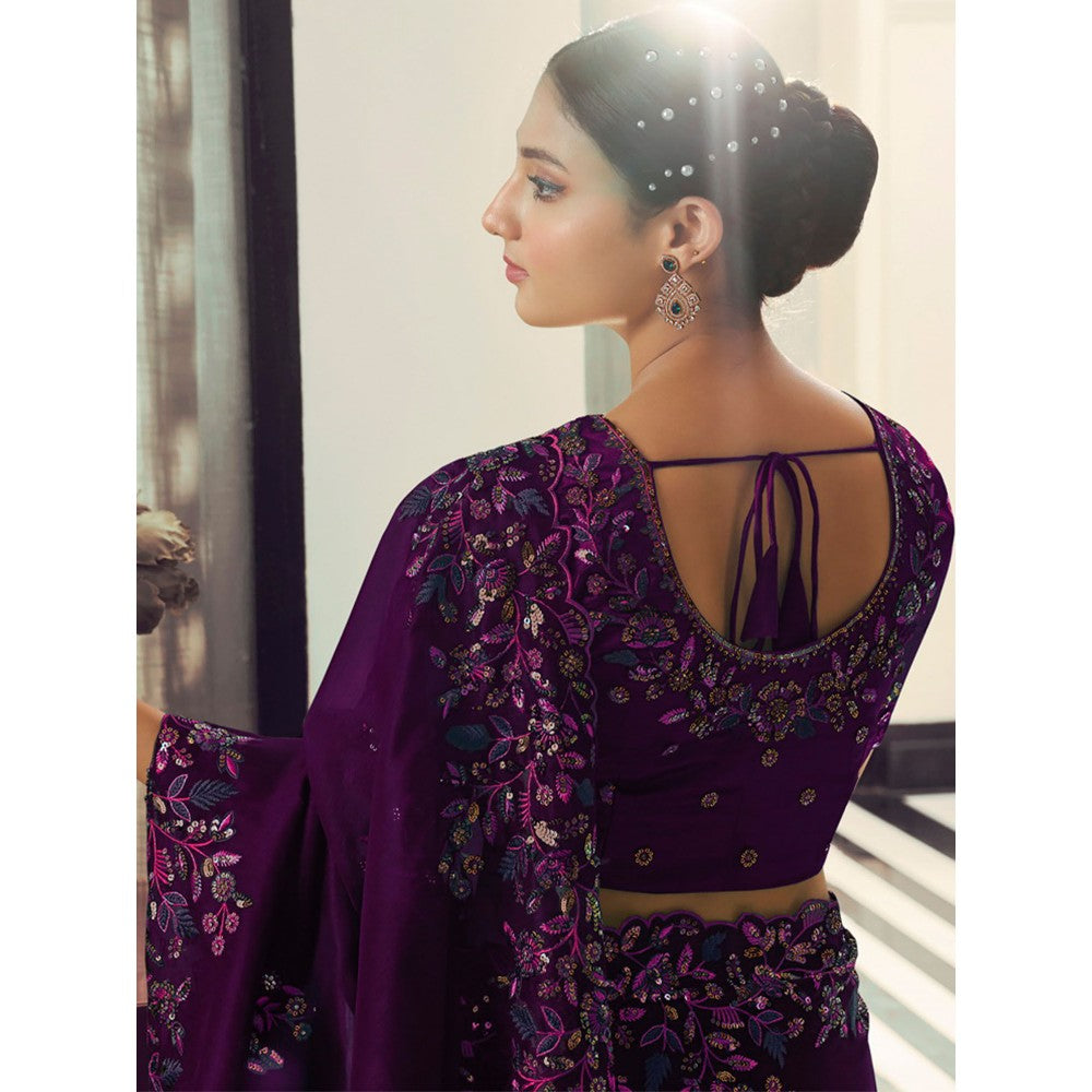 Odette Purple Organza Embroidered Saree with Unstitched Blouse