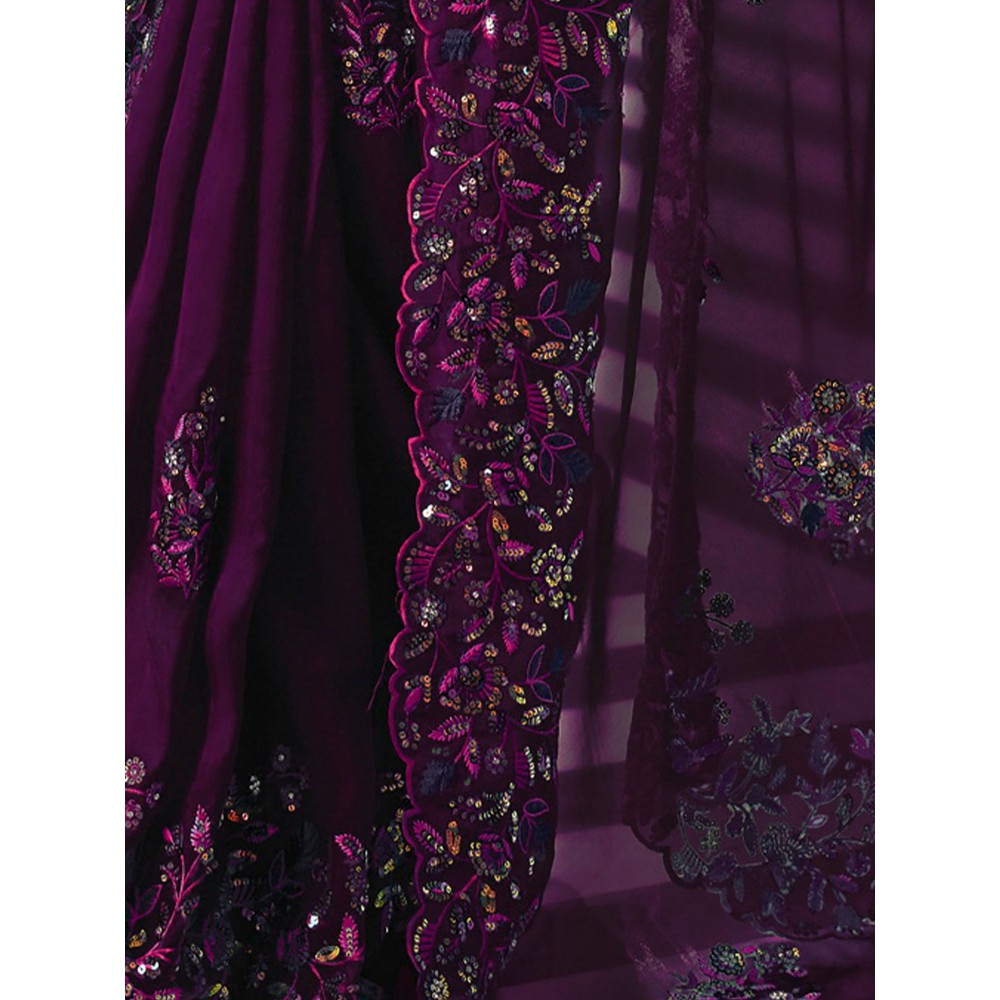 Odette Purple Organza Embroidered Saree with Unstitched Blouse