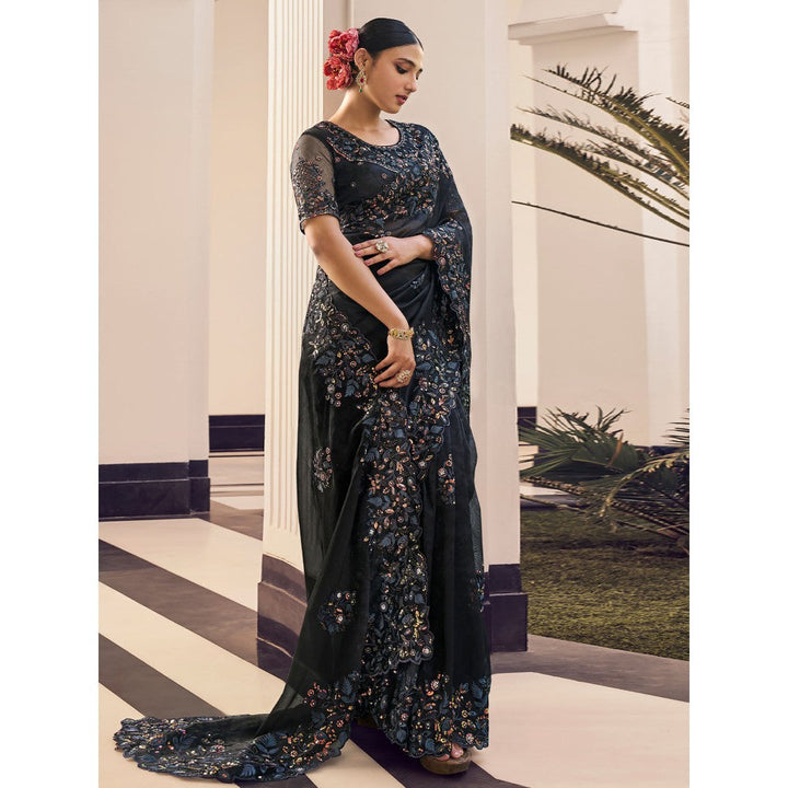 Odette Black Organza Embroidered Saree with Unstitched Blouse