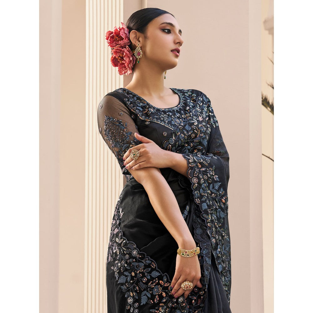 Odette Black Organza Embroidered Saree with Unstitched Blouse