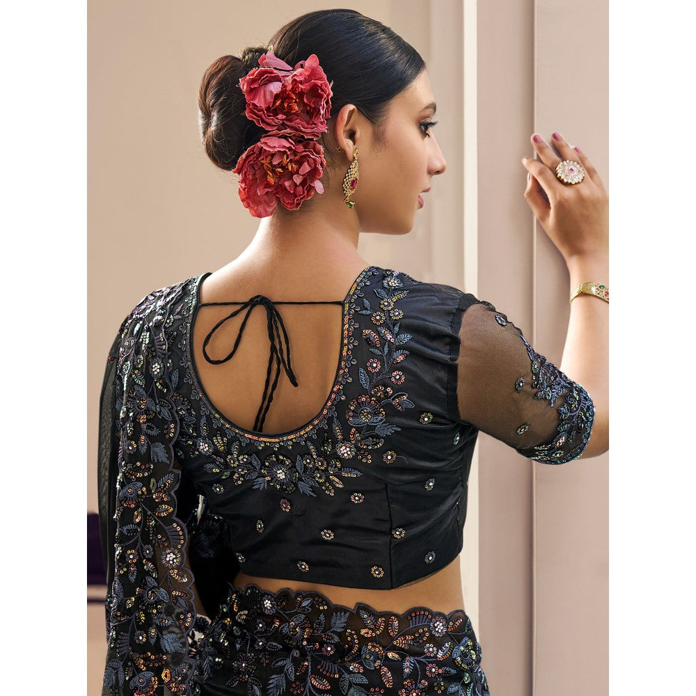 Odette Black Organza Embroidered Saree with Unstitched Blouse