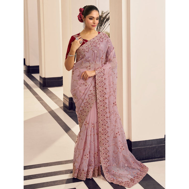 Odette Light Pink Organza Embroidered Saree with Unstitched Blouse