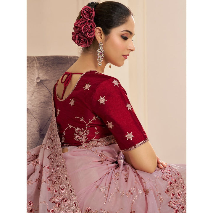 Odette Light Pink Organza Embroidered Saree with Unstitched Blouse