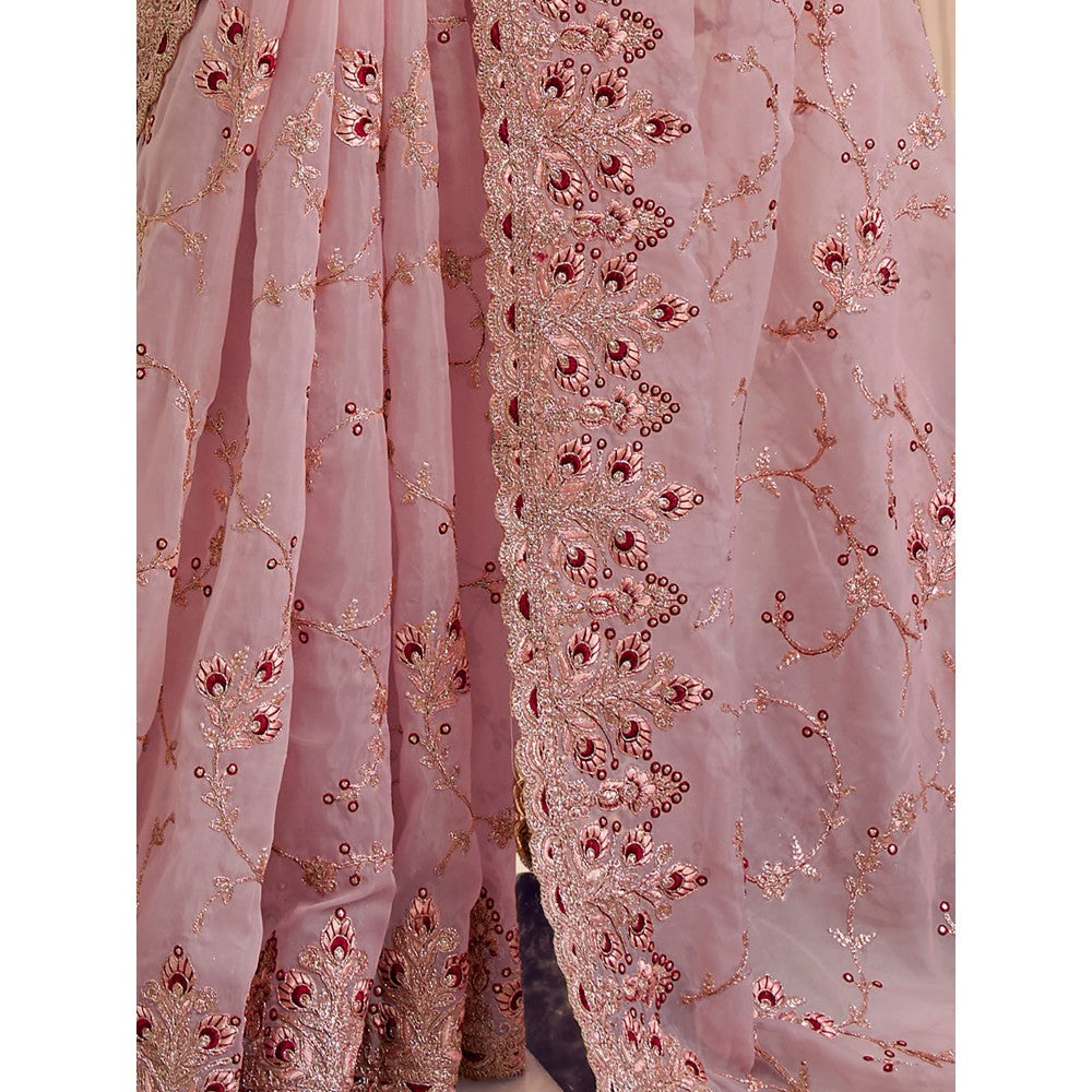 Odette Light Pink Organza Embroidered Saree with Unstitched Blouse