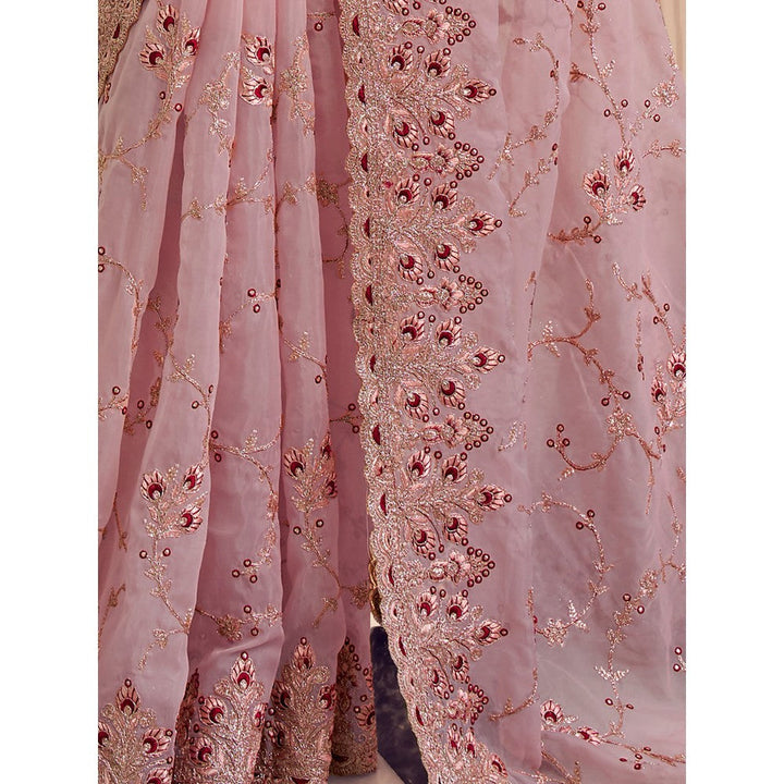 Odette Light Pink Organza Embroidered Saree with Unstitched Blouse