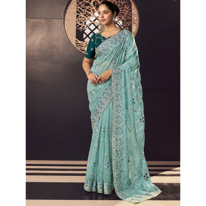 Odette Aqua Organza Embroidered Saree with Unstitched Blouse