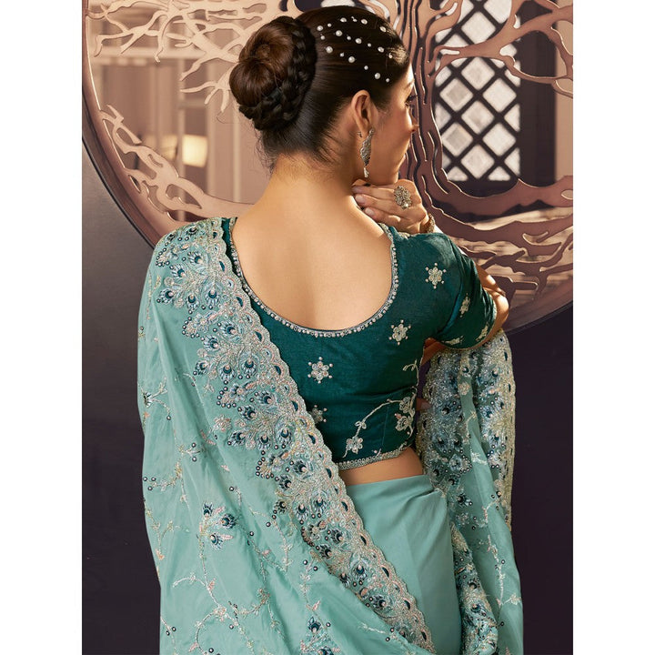 Odette Aqua Organza Embroidered Saree with Unstitched Blouse