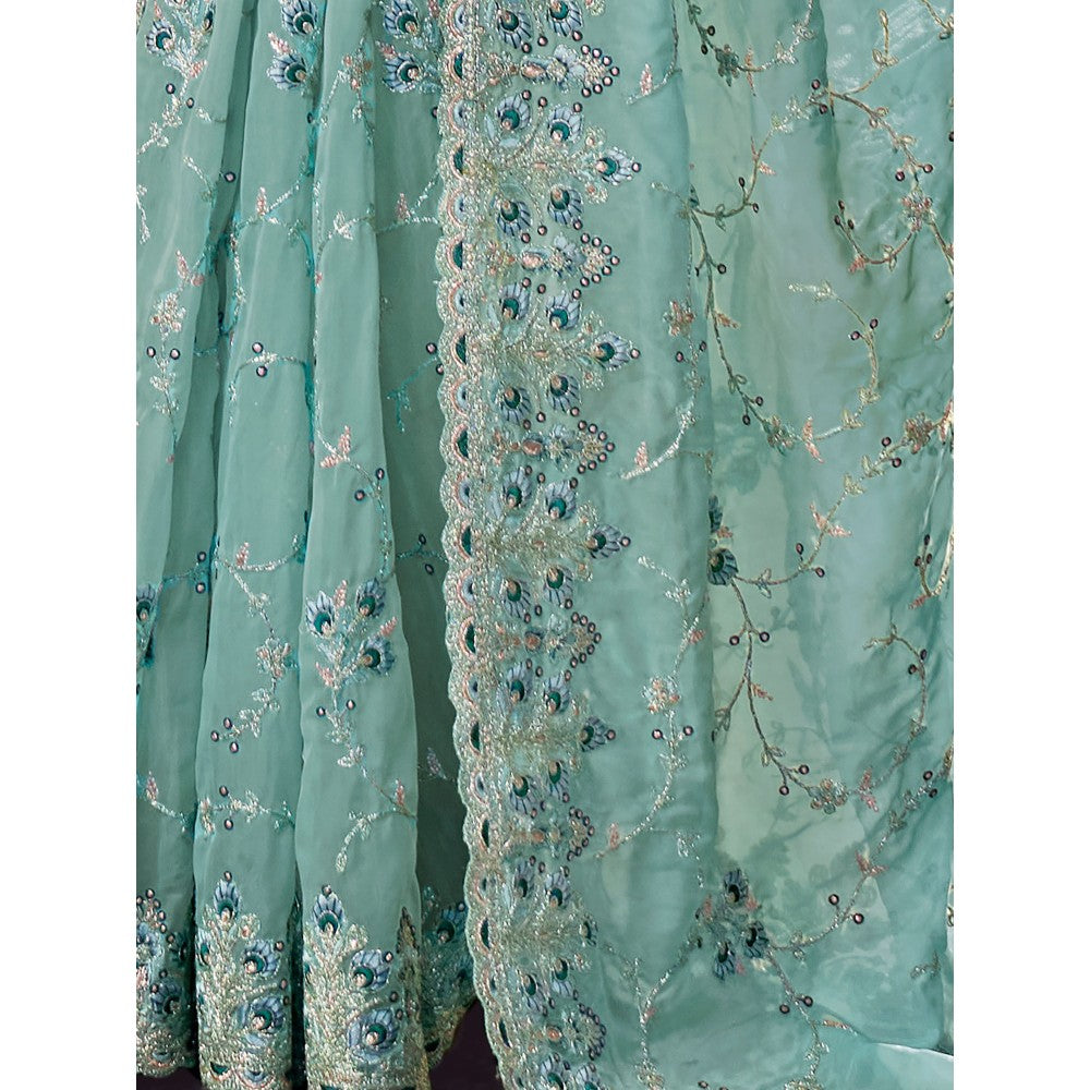 Odette Aqua Organza Embroidered Saree with Unstitched Blouse