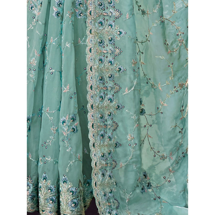 Odette Aqua Organza Embroidered Saree with Unstitched Blouse