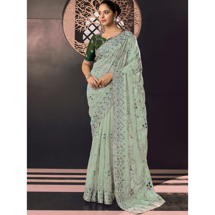 Odette Light Green Organza Embroidered Saree with Unstitched Blouse