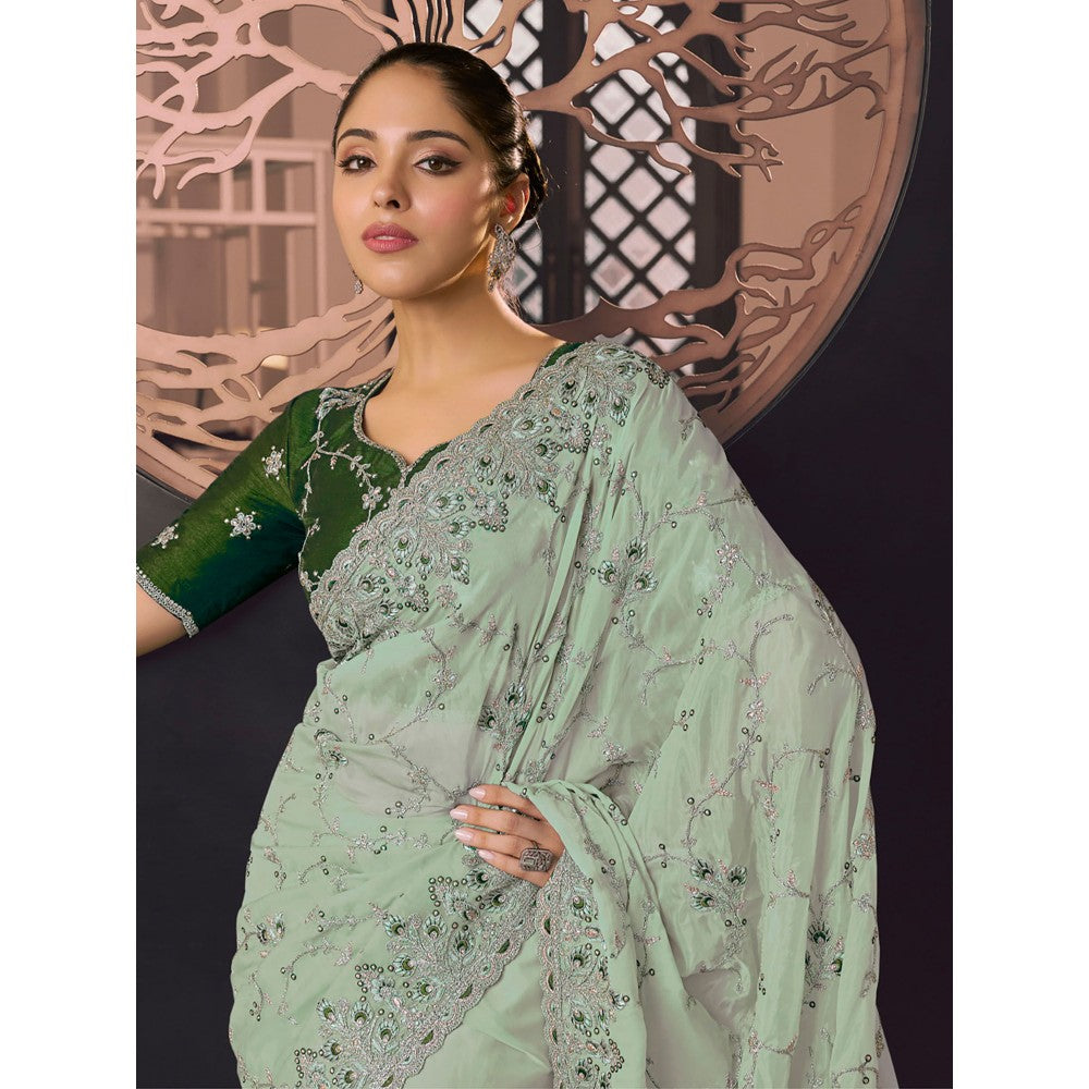 Odette Light Green Organza Embroidered Saree with Unstitched Blouse