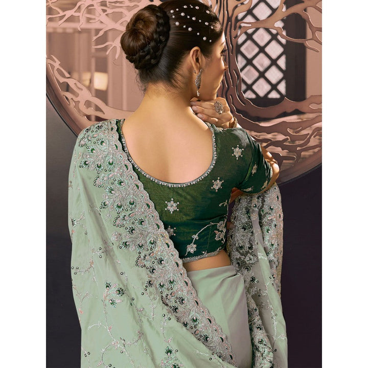 Odette Light Green Organza Embroidered Saree with Unstitched Blouse