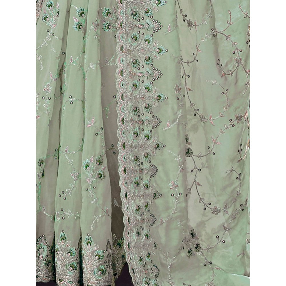 Odette Light Green Organza Embroidered Saree with Unstitched Blouse