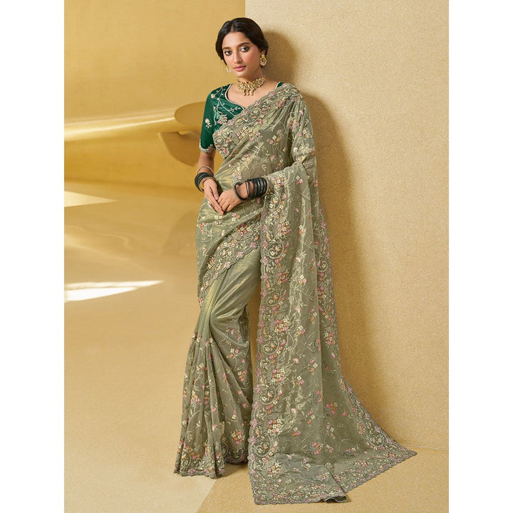 Odette Olive Net Embroidered Saree with Unstitched Blouse