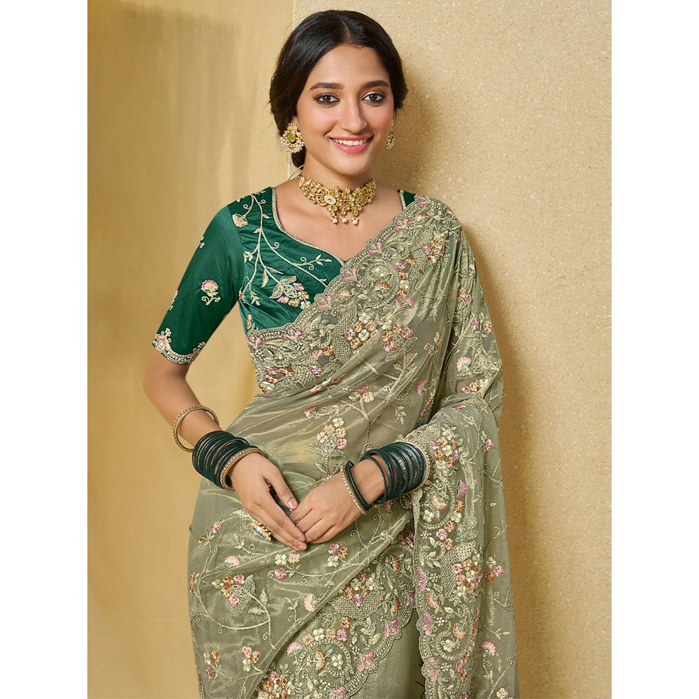 Odette Olive Net Embroidered Saree with Unstitched Blouse