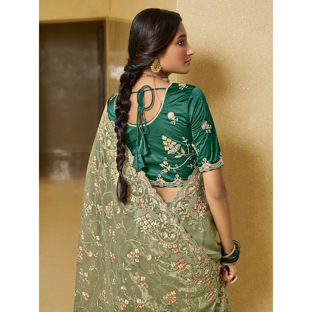 Odette Olive Net Embroidered Saree with Unstitched Blouse