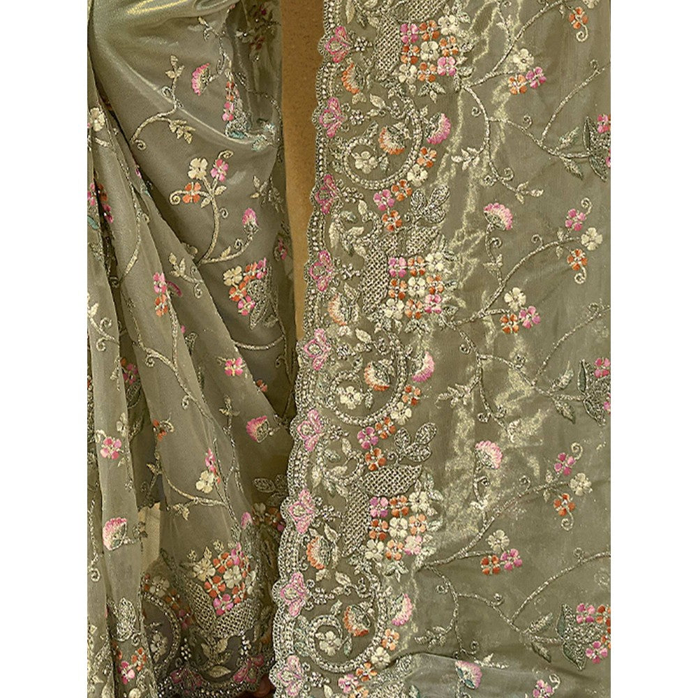 Odette Olive Net Embroidered Saree with Unstitched Blouse