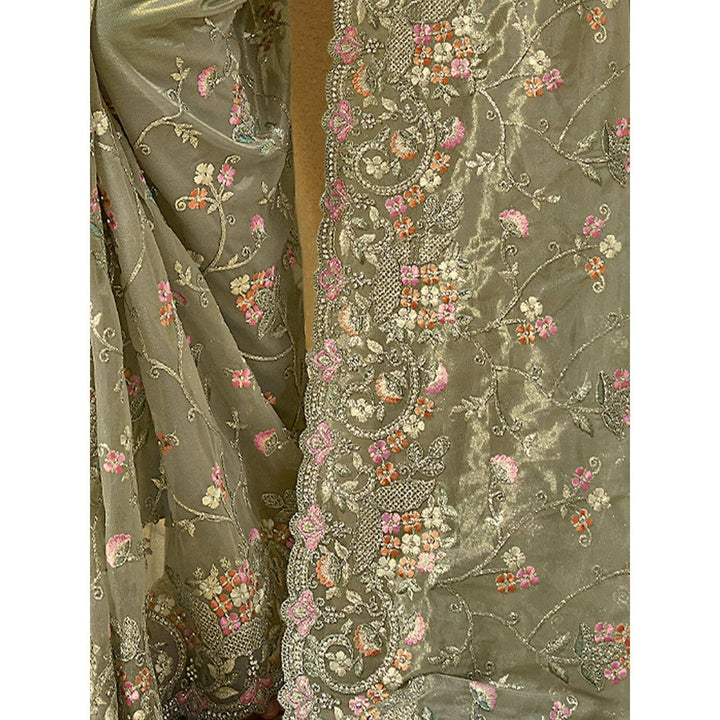 Odette Olive Net Embroidered Saree with Unstitched Blouse