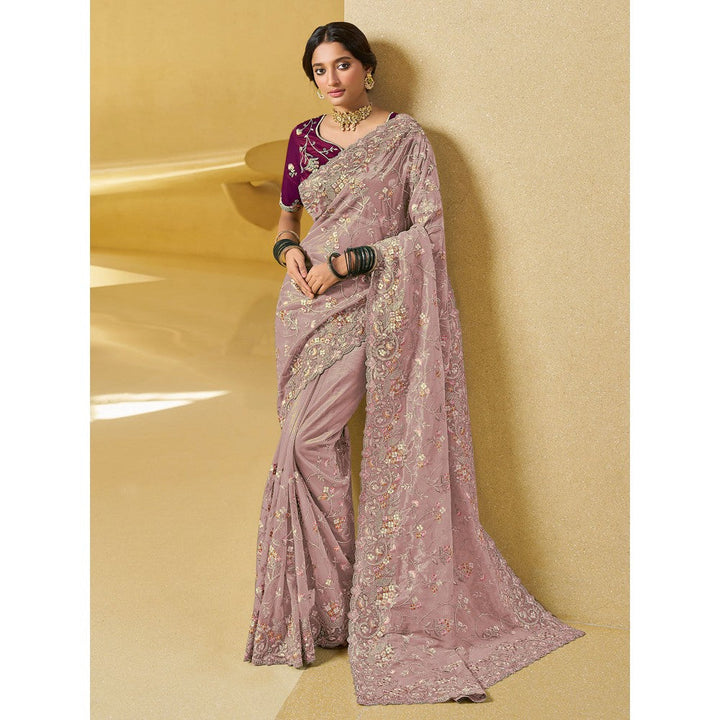 Odette Pink Net Embroidered Saree with Unstitched Blouse