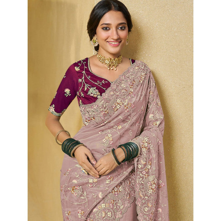 Odette Pink Net Embroidered Saree with Unstitched Blouse