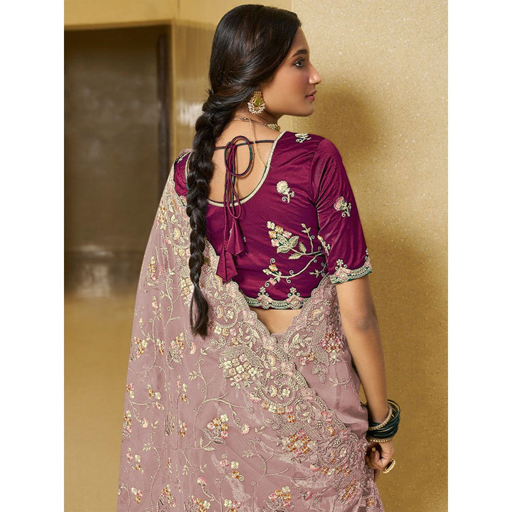 Odette Pink Net Embroidered Saree with Unstitched Blouse