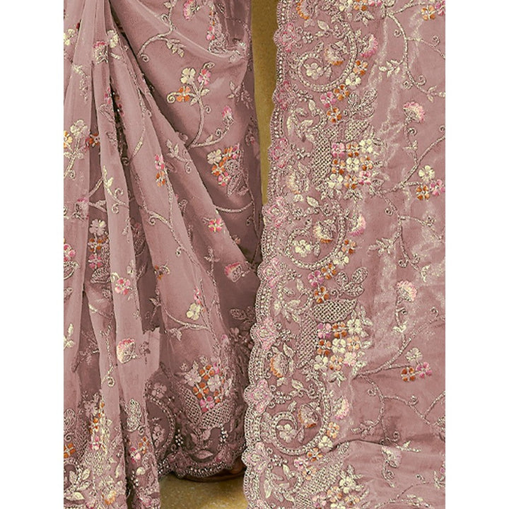 Odette Pink Net Embroidered Saree with Unstitched Blouse