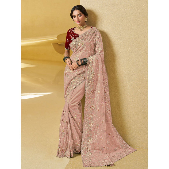 Odette Peach Net Embroidered Saree with Unstitched Blouse