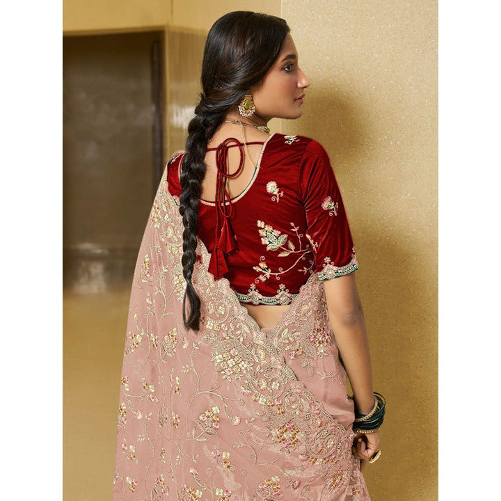 Odette Peach Net Embroidered Saree with Unstitched Blouse