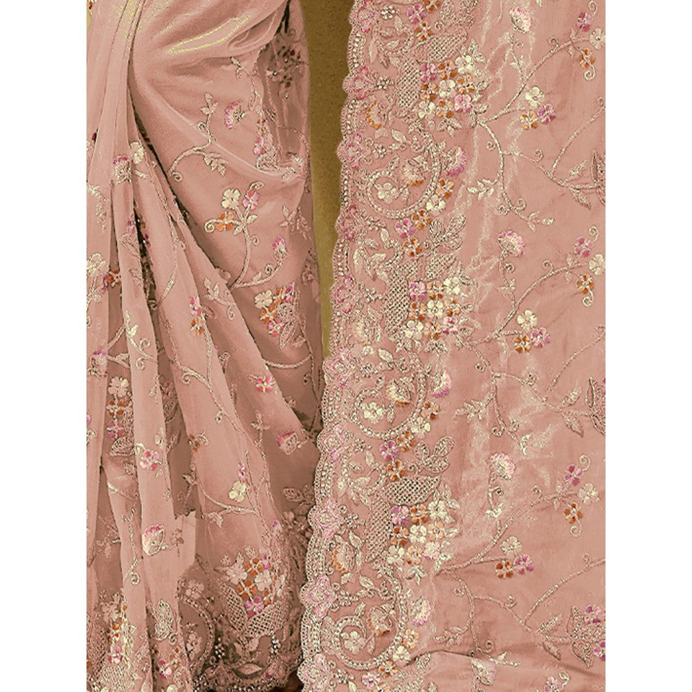 Odette Peach Net Embroidered Saree with Unstitched Blouse