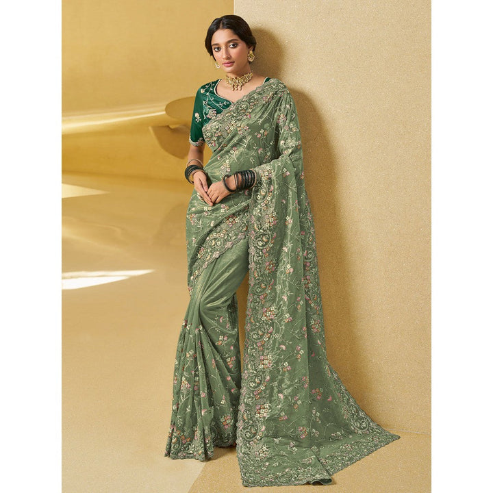 Odette Light Green Net Embroidered Saree with Unstitched Blouse