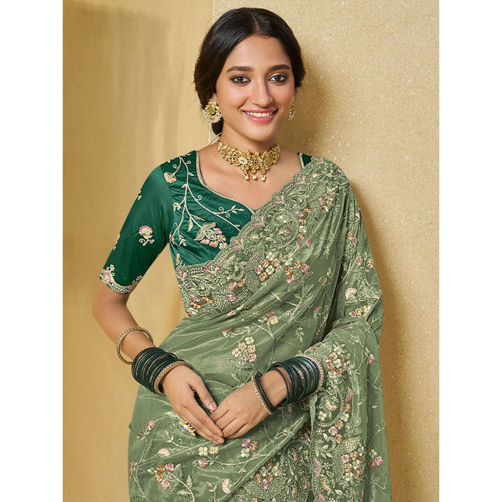 Odette Light Green Net Embroidered Saree with Unstitched Blouse