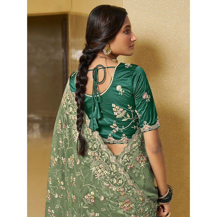 Odette Light Green Net Embroidered Saree with Unstitched Blouse