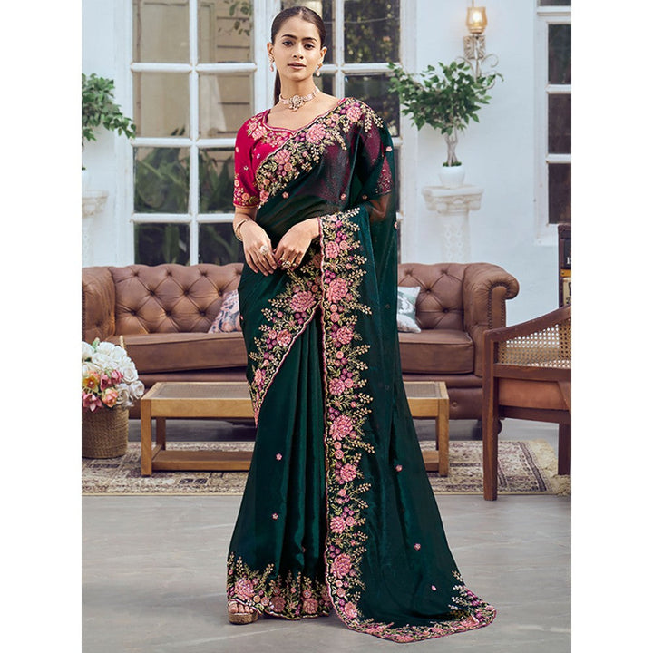 Odette Teal Organza Embroidered Saree with Unstitched Blouse