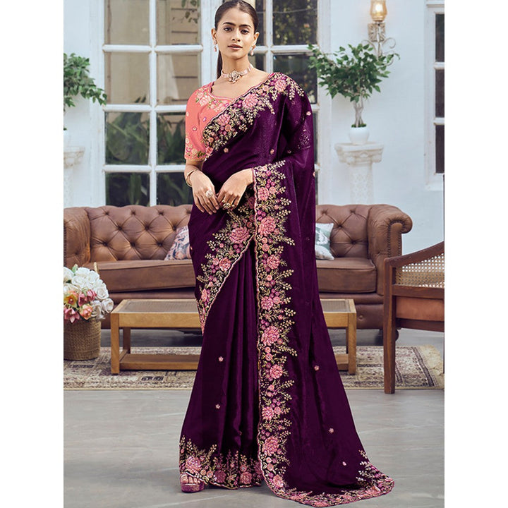 Odette Purple Organza Embroidered Saree with Unstitched Blouse