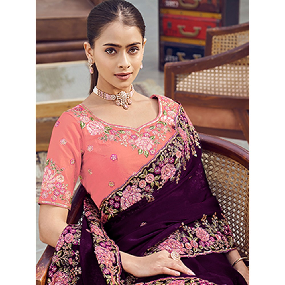 Odette Purple Organza Embroidered Saree with Unstitched Blouse