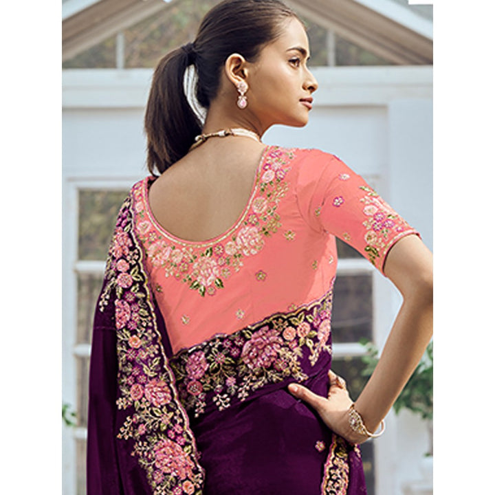 Odette Purple Organza Embroidered Saree with Unstitched Blouse