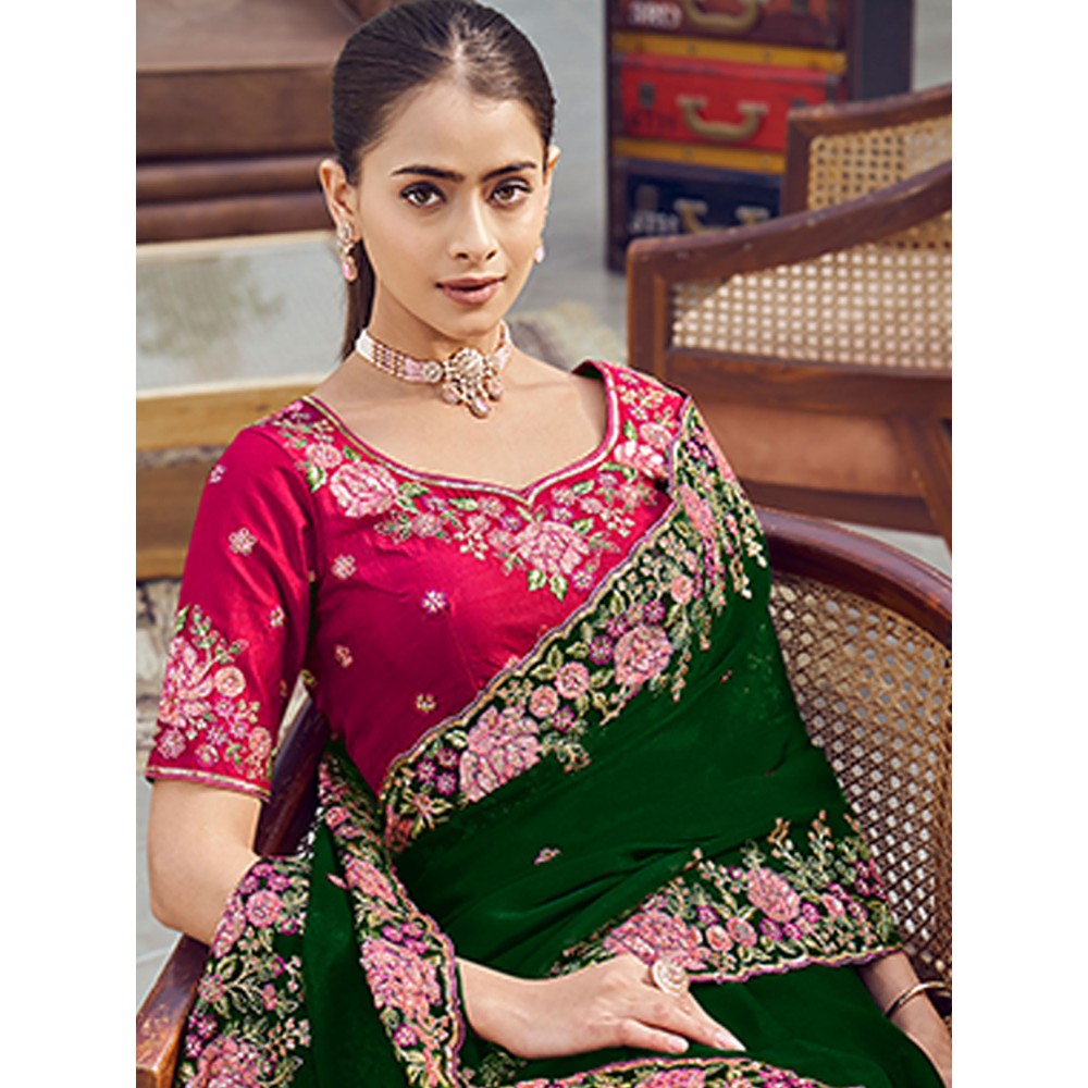 Odette Green Organza Embroidered Saree with Unstitched Blouse