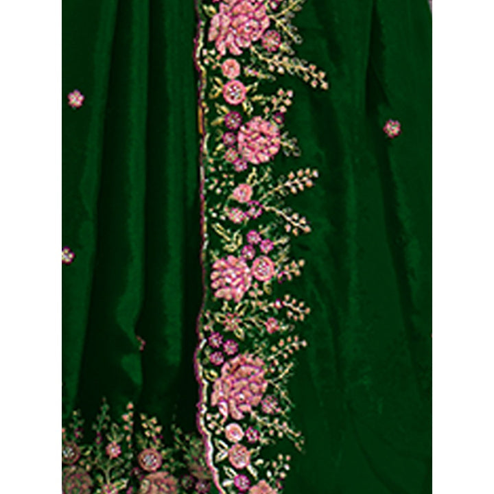 Odette Green Organza Embroidered Saree with Unstitched Blouse