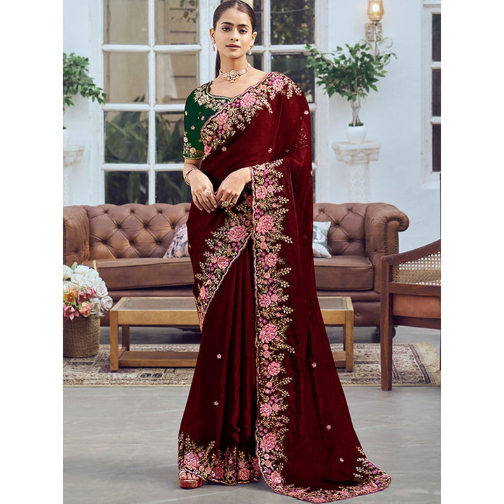 Odette Maroon Organza Embroidered Saree with Unstitched Blouse