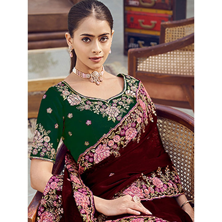 Odette Maroon Organza Embroidered Saree with Unstitched Blouse